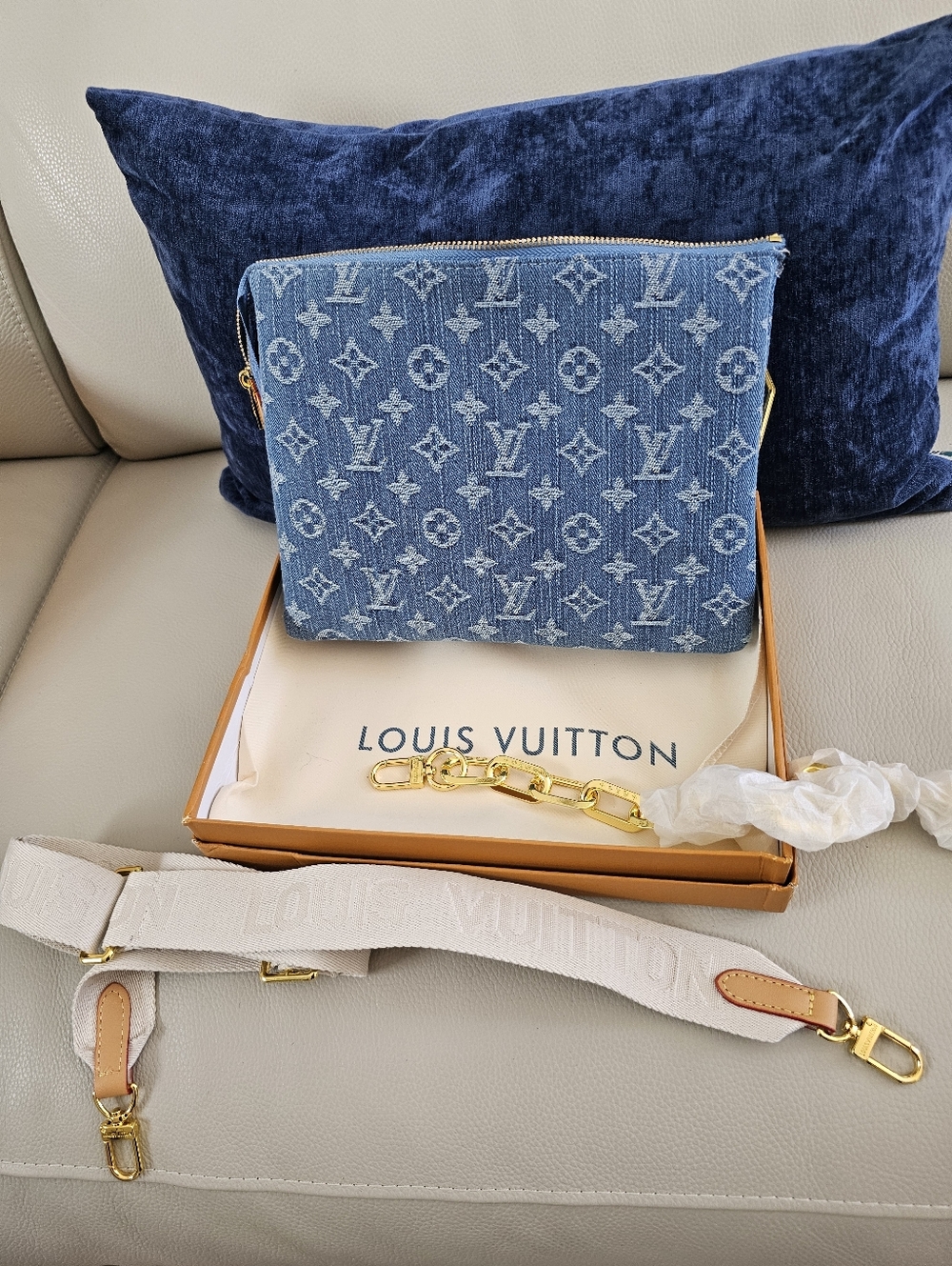 Denim Monogram Coussin  in Light and Dark Blue with Gold Hardware With Box